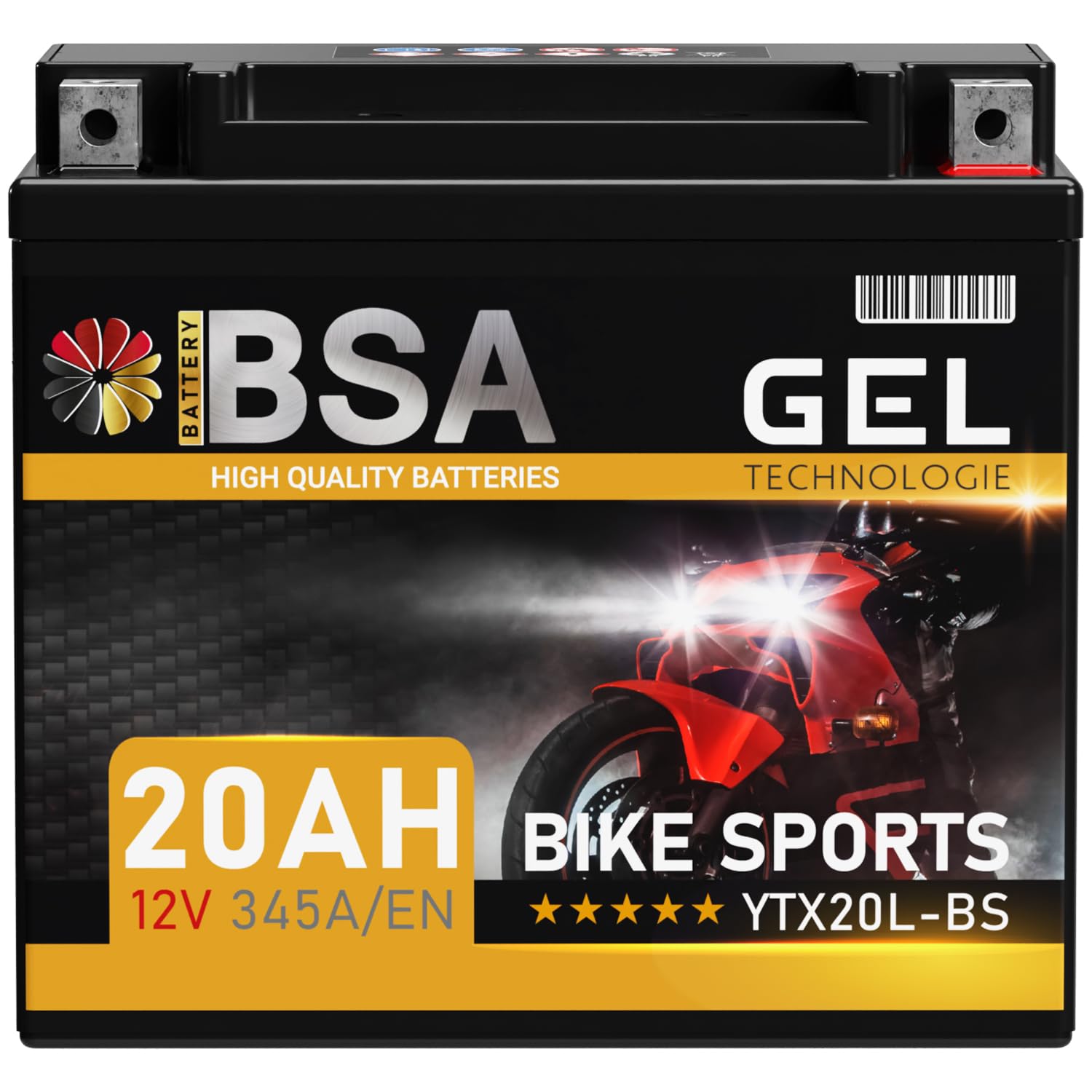 BSA YTX20L-BS GEL Motorradbatterie 12V 20Ah 345A/EN Batterie doppelte Lebensdauer entspricht 51821 GTX20L-BS CTX20L-BS vorgeladen auslaufsicher wartungsfrei von BSA BATTERY HIGH QUALITY BATTERIES