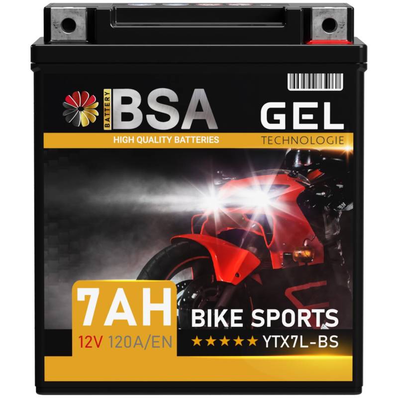 BSA YTX7L-BS GEL Roller Batterie 12V 7Ah 120A/EN Motorradbatterie doppelte Lebensdauer entspricht 50614 CTX7L-BS vorgeladen auslaufsicher wartungsfrei ersetzt 6Ah von BSA BATTERY HIGH QUALITY BATTERIES