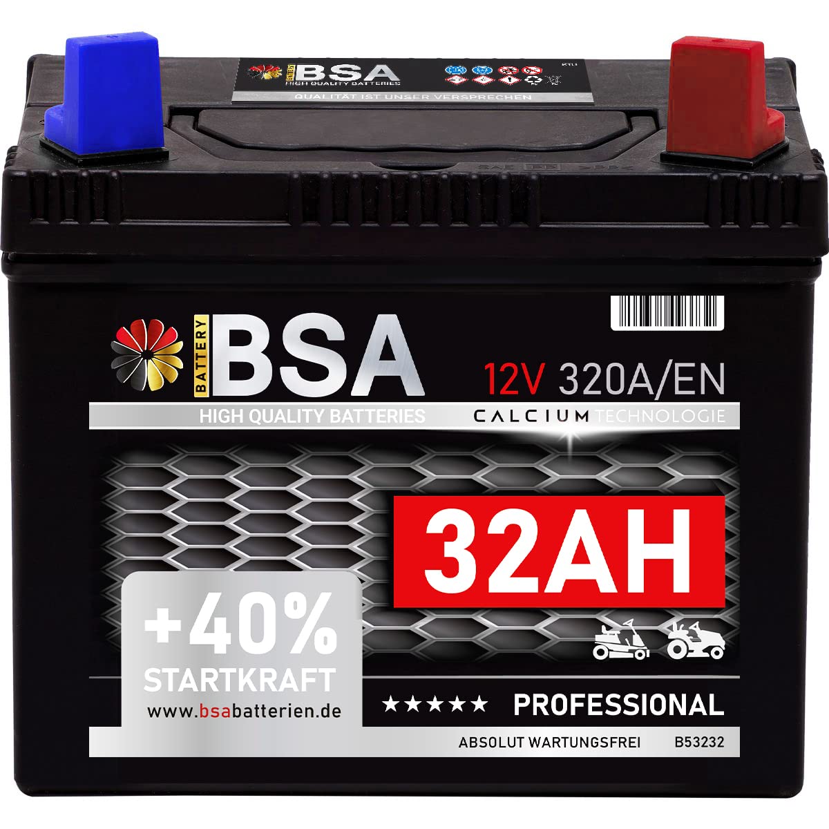 Rasentraktor Aufsitzmäher Batterie 32Ah 12V Starterbatterie absolut WARTUNGSFREI Pluspol Rechts 30Ah von BSA BATTERY HIGH QUALITY BATTERIES