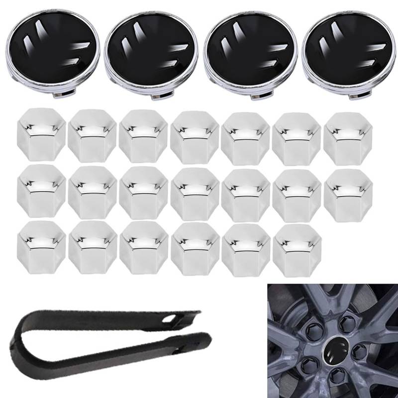 4 Stück Nabendeckel 60mm, mit 20 Stück Mutter-Abdeckung, Radnabenkappen Felgendeckel ABS Wheel Caps Radnabenabdeckung, Radmutterkappen, mit Außenschutz, Silber-Logo, Schwarz von BSNRDX