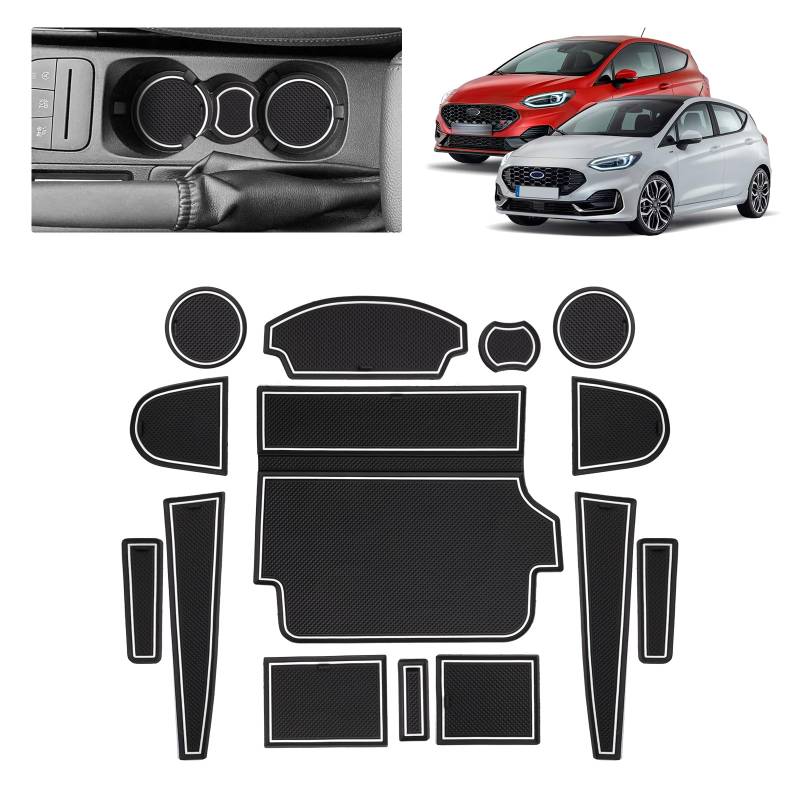 BSTW Auto Antirutschmatten für Ford Fiesta MK8 (2017-2024) | Originalgetreue Gummi Matte für Mittelkonsole, Getränkehalter & Türmulden | Passend für Ford Fiesta ST ST-Line Titanium (Weiß) von BSTW