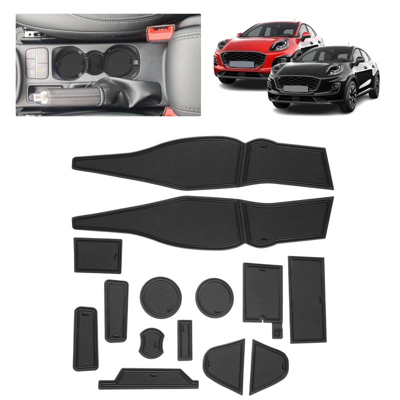 BSTW Auto Antirutschmatten für Ford Puma II (2020-2024) | Originalgetreue Gummi Matte für Mittelkonsole, Getränkehalter & Türmulden | Passend für Ford Puma ST ST-Line Titanium (Schwarz) von BSTW
