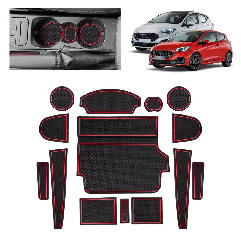 BSTW Auto Antirutschmatten für Ford Fiesta MK8 (2017-2024) | Originalgetreue Gummi Matte für Mittelkonsole, Getränkehalter & Türmulden | Passend für Ford Fiesta ST ST-Line Titanium (Rot) von BSTW