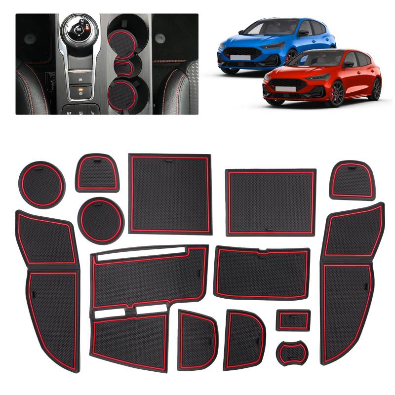 BSTW Kompatibel mit Ford Focus MK4.5 2022 2023 2024 2025 Antirutschmatten, Ford Focus ST-Line Gummimatten rutschfest Matten für Mittelkonsole, Getränkehalter, Türnaht (ST-Line Rot) von BSTW