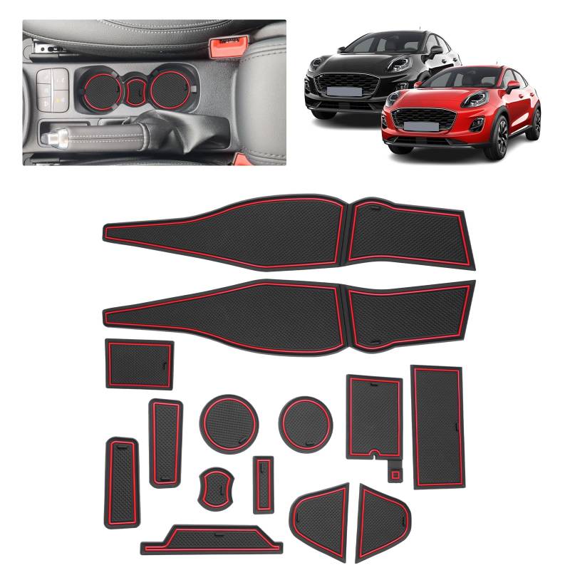 BSTW Auto Antirutschmatten für Ford Puma II (2020-2024) | Originalgetreue Gummi Matte für Mittelkonsole, Getränkehalter & Türmulden | Passend für Ford Puma ST ST-Line Titanium (Rot) von BSTW
