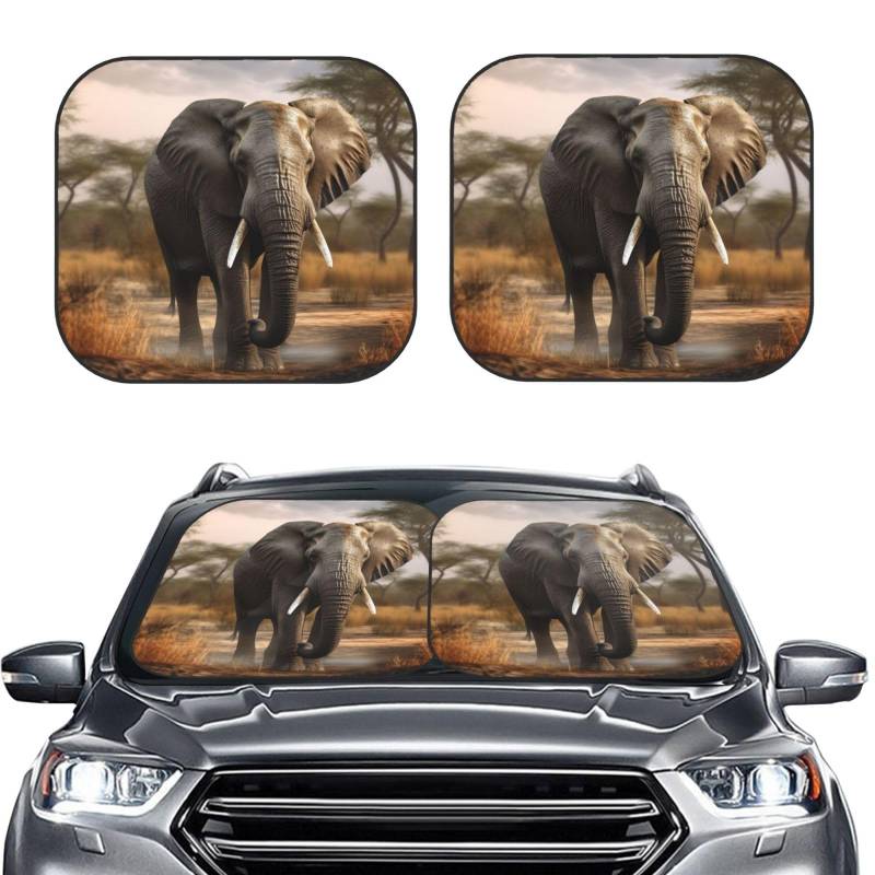 2 Stück Auto Windschutzscheibe Sonnenschutz Abdeckung Faltbarer tropischer afrikanischer Elefant Auto Sonnenschutz mit Kordelzug Beutel Sonnenschutz Auto Schatten Frontscheibe für die meisten von BTCOWZRV