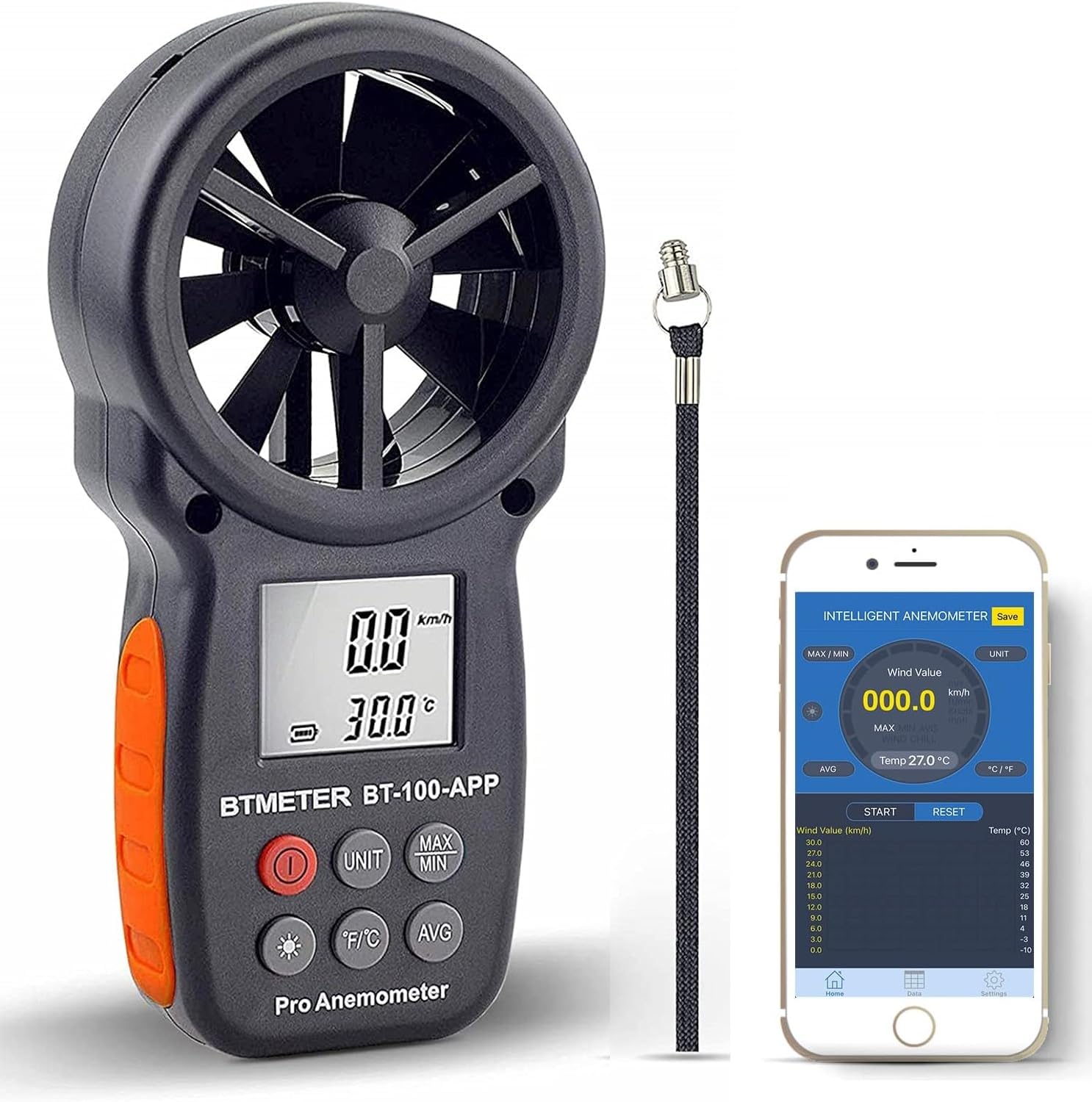 BTMETER Anemometer Bluetooth Wireless Handheld, BT-100APP Digital Windmesser CFM Messgerät, LCD Wind Speed Meter Gauge, Windgeschwindigkeit Temperatur Wind Chill Tester BTMETER Anemometer Bluetooth Wireless Handheld, BT-100APP Digital Windmesser CFM Messgerät, LCD Wind Speed Meter Gauge, Windgeschwindigkeit Temperatur Wind Chill Tester von BTMETER