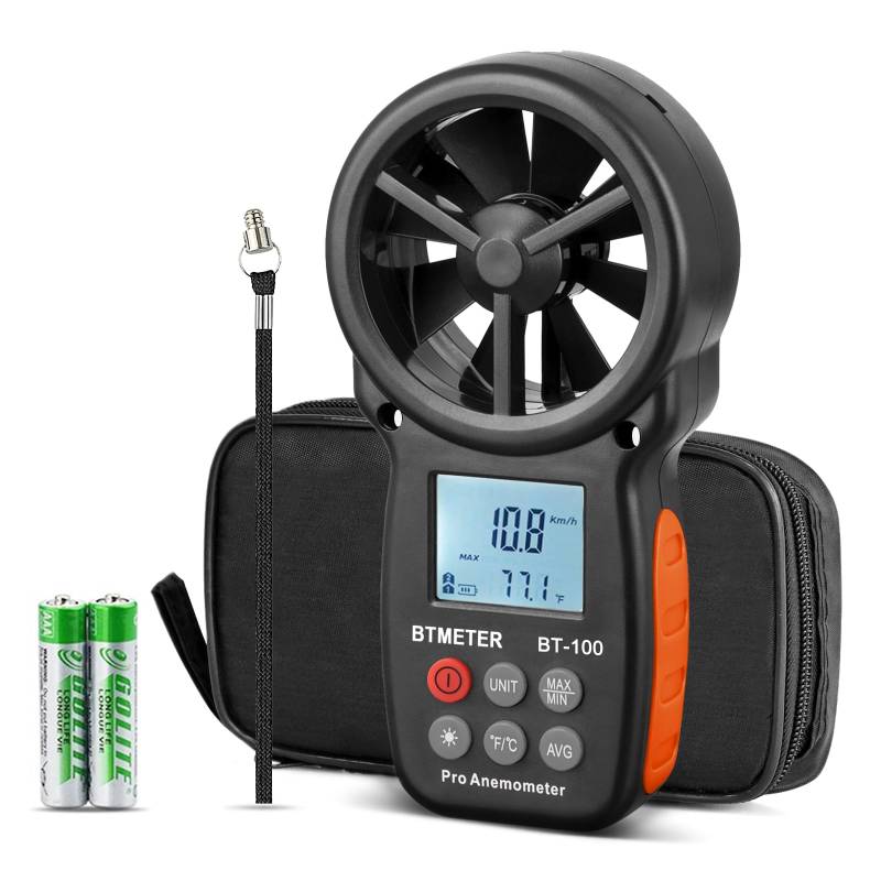 BTMETER BT-100 Windmesser Windmessgerät, Digitales Anemometer mit Temperatur(℃/℉), 5 Einheiten für HVAC-Lüftungen, Drohnenflug Schießen, Surfen von BTMETER