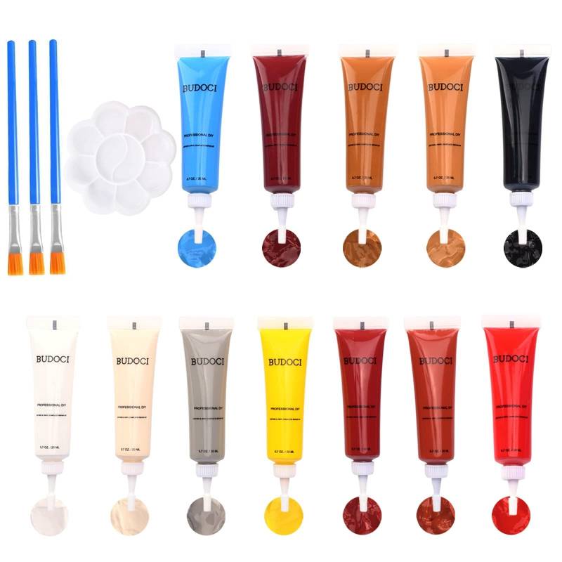 BUDOCI Leder Reparatur Set mit 12 Farben, Mixbar Fiussigleder Reparatur Creme Set Schwarz Leder Repairing kit für Auto Lederlenkrad Sofa Jacke Geldbörse Gürtel Schuhe Kunstleder Kratzer Risse von BUDOCI