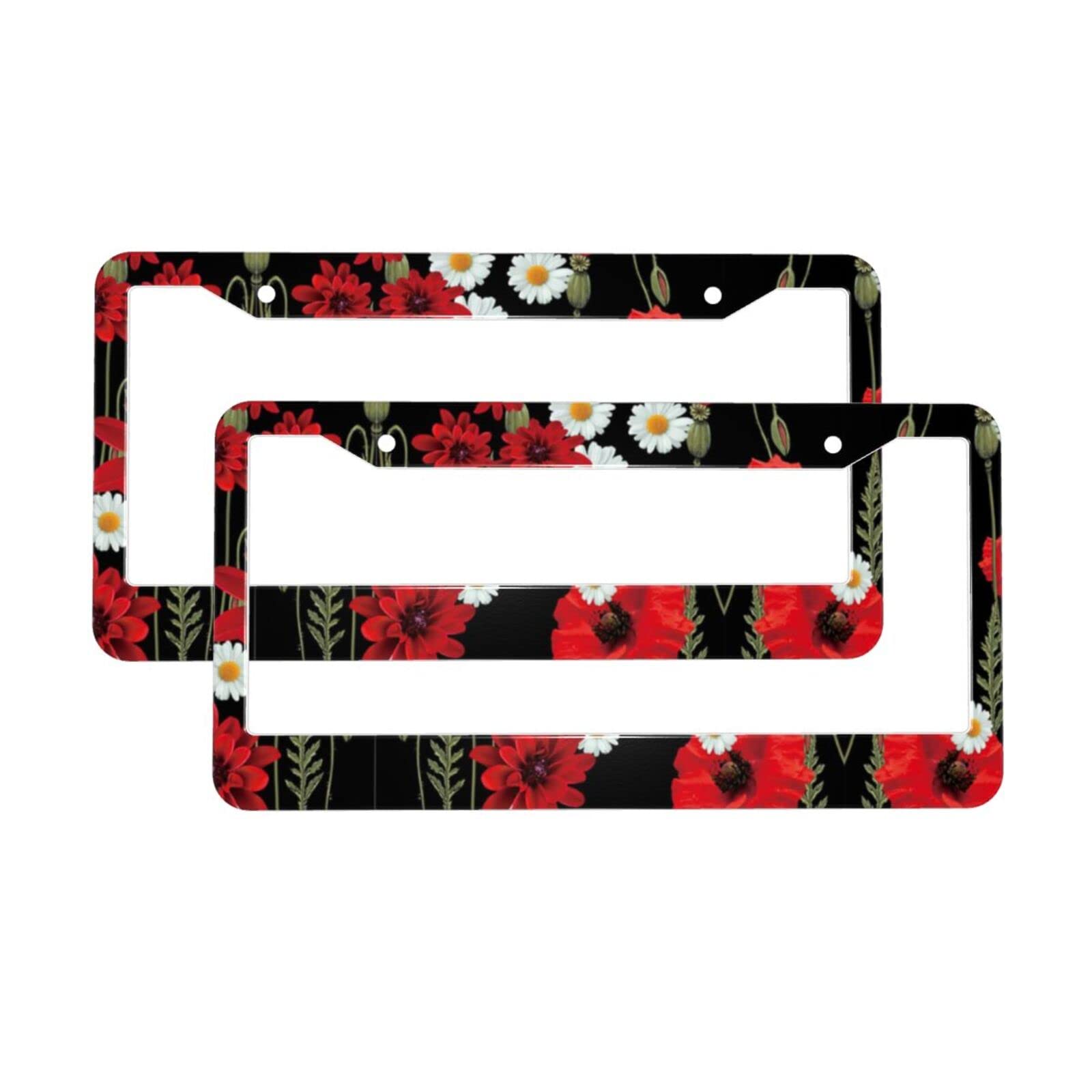 Nummernschild-Rahmen mit roten Blumen und weißen Gänseblümchen, universal, rostfrei, wetterfest, Aluminium, 2 Stück von BURGHR