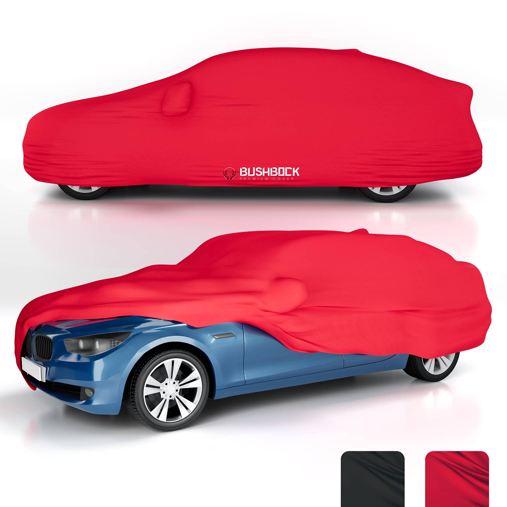 BUSHBOCK® Premium Autoabdeckung Indoor - Satin Schutzhülle Stoff - Abdeckplane Autoplane Autogarage Innenbereich - 2 Farben, 4 Größen (Rot, XL) von BUSHBOCK Premium Cover