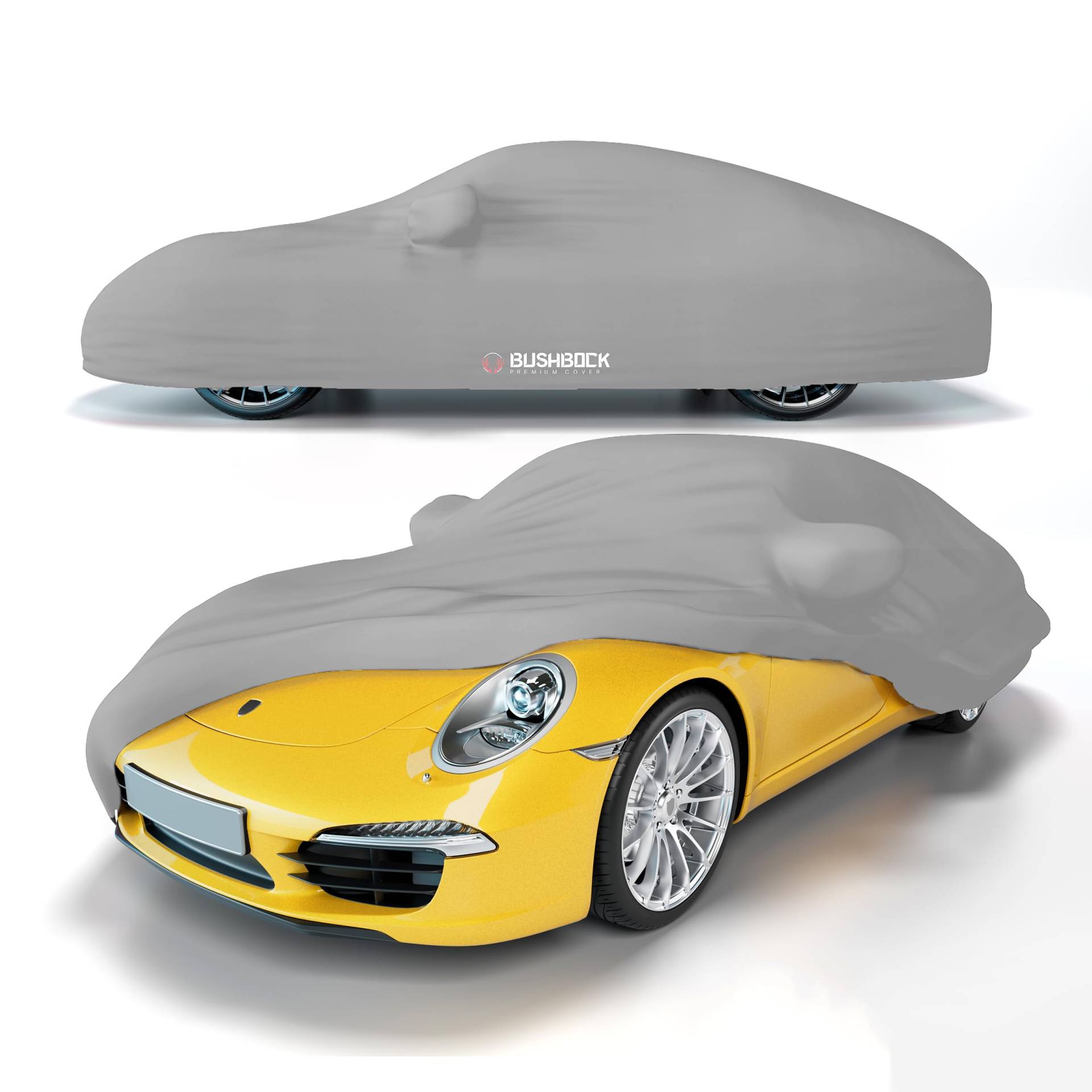 BUSHBOCK® Premium Autoabdeckung Indoor für Porsche o.ä. - Satin Schutzhülle Stoff - Abdeckplane Autoplane Autogarage Innenbereich - 2 Farben, 4 Größen (Silbergrau, M) von BUSHBOCK Premium Cover