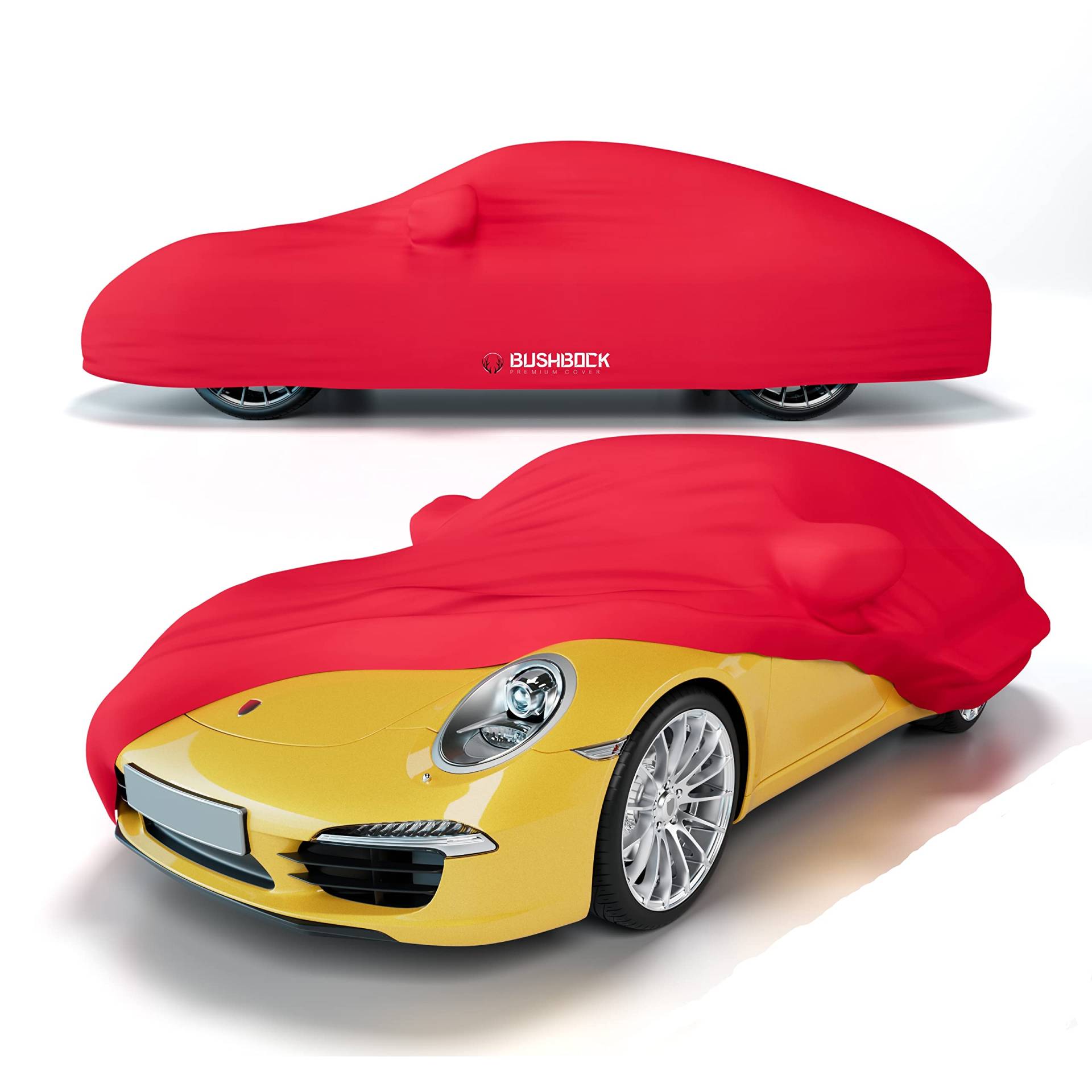 BUSHBOCK® Premium Autoabdeckung Indoor für Porsche o.ä. - Satin Schutzhülle Stoff - Abdeckplane Autoplane Autogarage Innenbereich - 2 Farben, 4 Größen (Rot, M) von BUSHBOCK Premium Cover