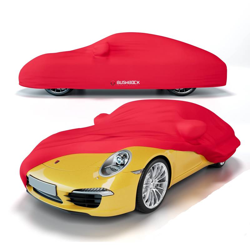 BUSHBOCK® Premium Autoabdeckung Indoor für Porsche o.ä. - Satin Schutzhülle Stoff - Abdeckplane Autoplane Autogarage Innenbereich - 2 Farben, 4 Größen (Rot, M) von BUSHBOCK Premium Cover
