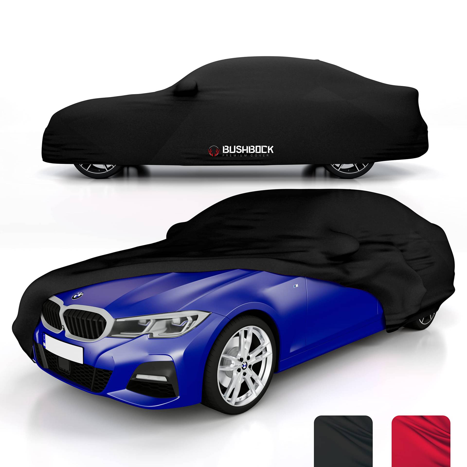 BUSHBOCK® Premium Autoabdeckung Indoor - Satin Schutzhülle Stoff - Abdeckplane Autoplane Autogarage Innenbereich - 2 Farben, 4 Größen (Schwarz, L) von BUSHBOCK Premium Cover