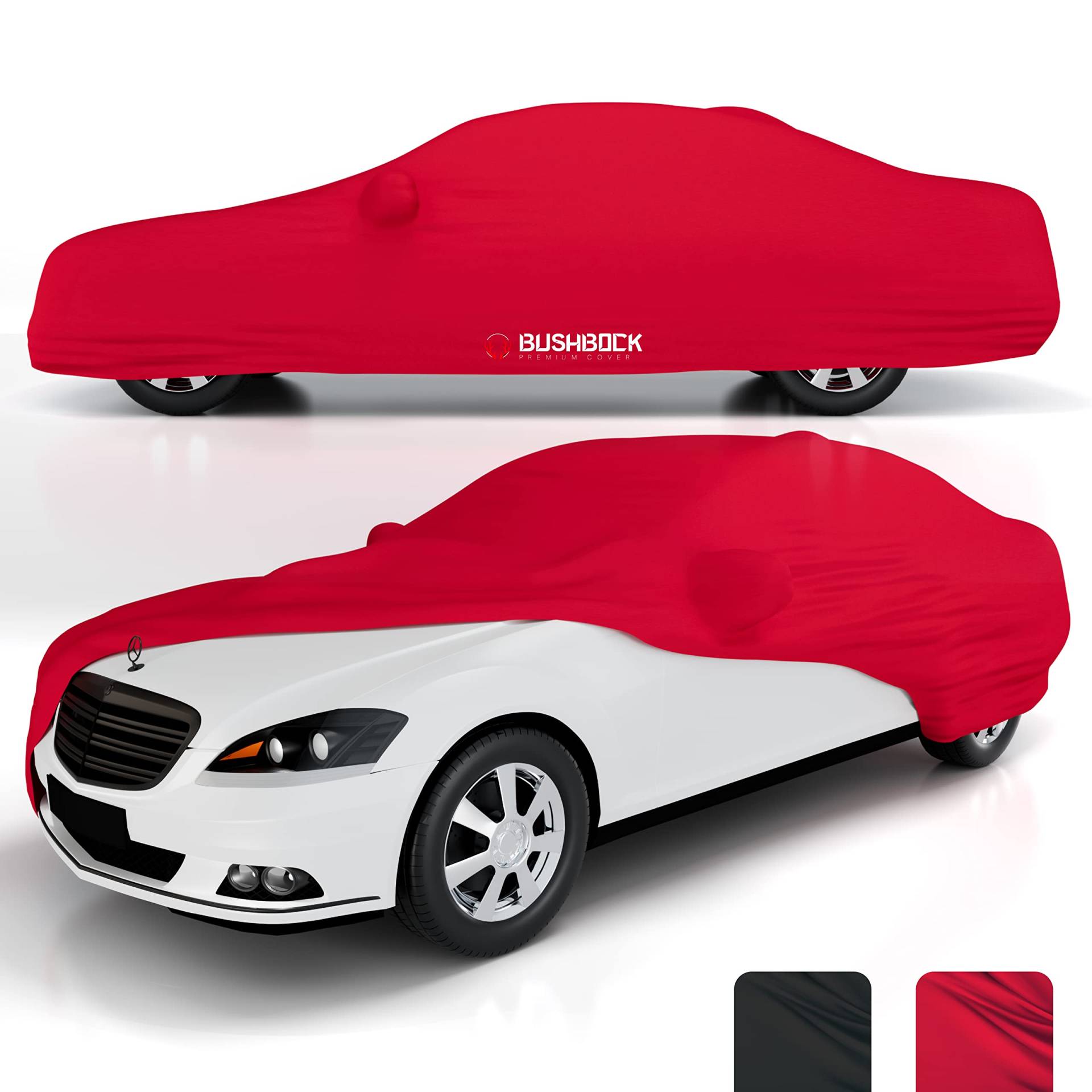 BUSHBOCK® Premium Autoabdeckung Indoor - Satin Schutzhülle Stoff - Abdeckplane Autoplane Autogarage Innenbereich - 2 Farben, 4 Größen (Rot, XXL) von BUSHBOCK Premium Cover