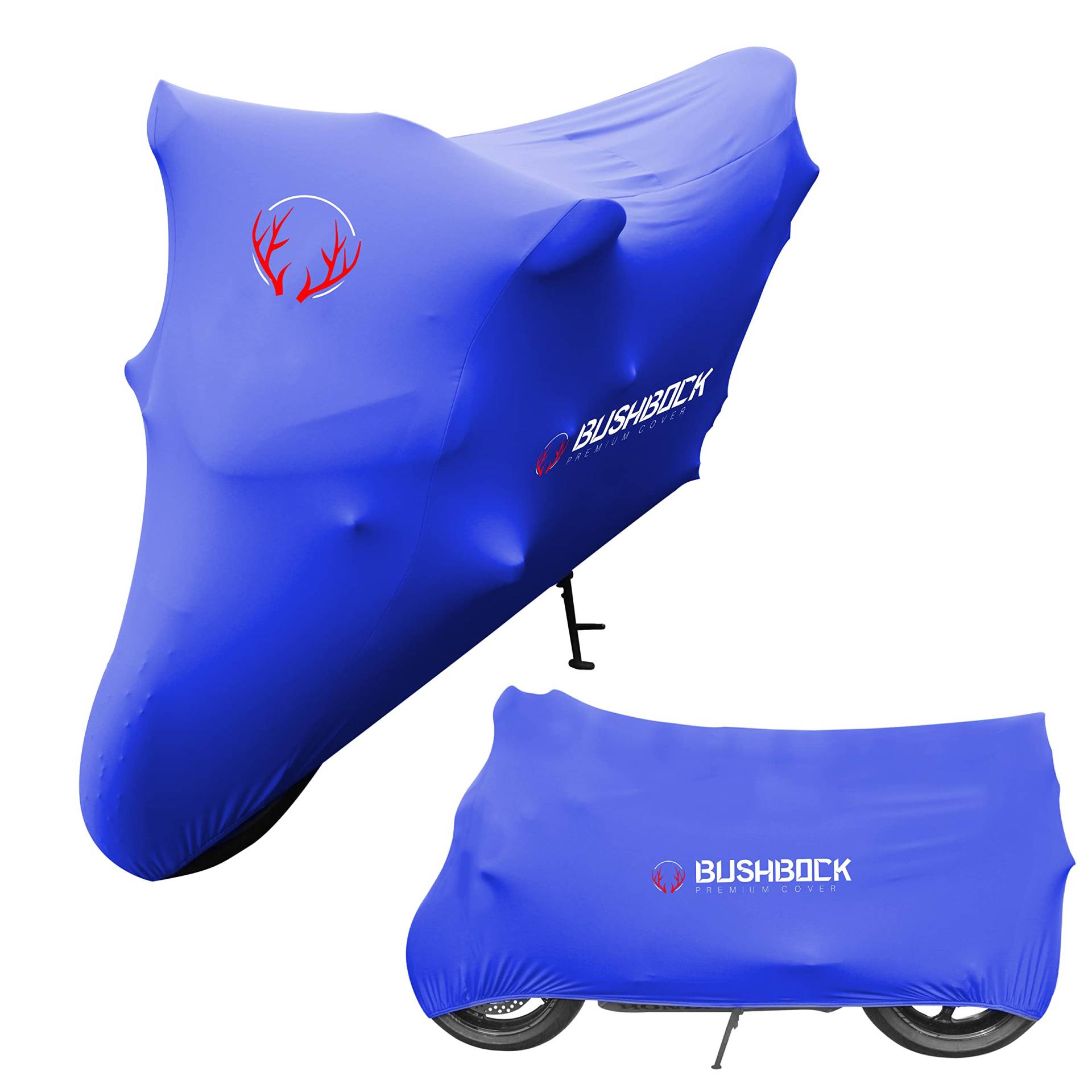 BUSHBOCK® Premium Cover Indoor Motorrad Abdeckplane-Staubschutz-elastischer, atmungsaktiver Samt-Stretchstoff (XL-XXL, Blau) von BUSHBOCK Premium Cover