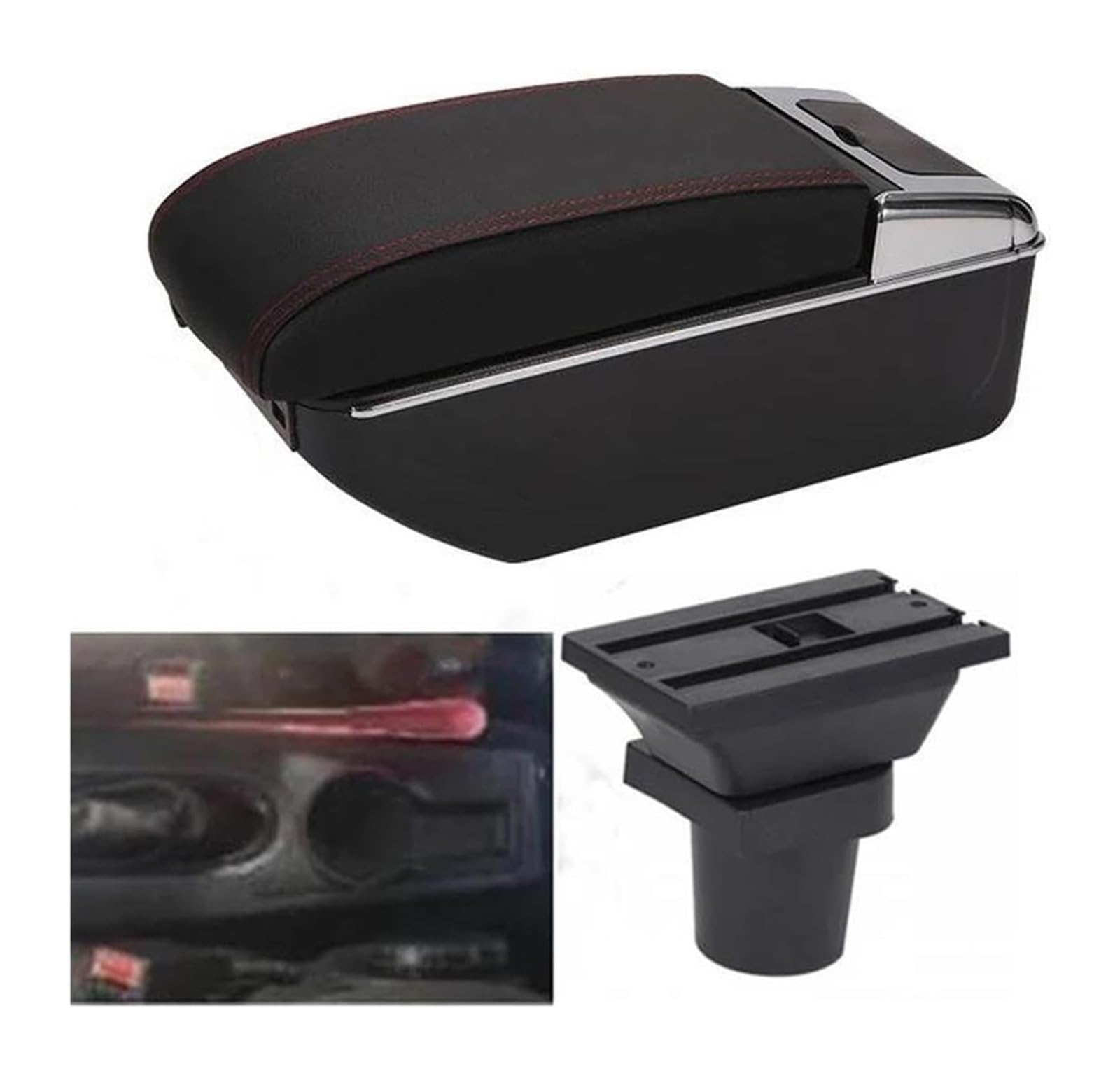 Glove Handschuhfach Für F&ord Für FOCUS MK1 Central Store Inhalt Sitzarmlehnenbox Mit Getränkehalter USB-Armlehnen-Aufbewahrungsbox(D-black Red Line) von BUTUFYTR