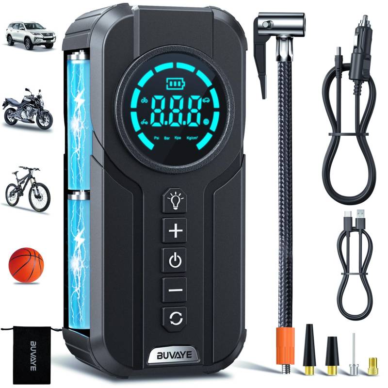 Tragbarer Luftkompressor I50PSI Elektrischer Kompressor, Mini Reifenpumpemit Digital LED Anzeige, 4 Düsenadaptern, 12V Wiederaufladbarer Elektrischer Kompressor Für Auto, Motorrad, Fahrrad, Bälle von BUVAYE