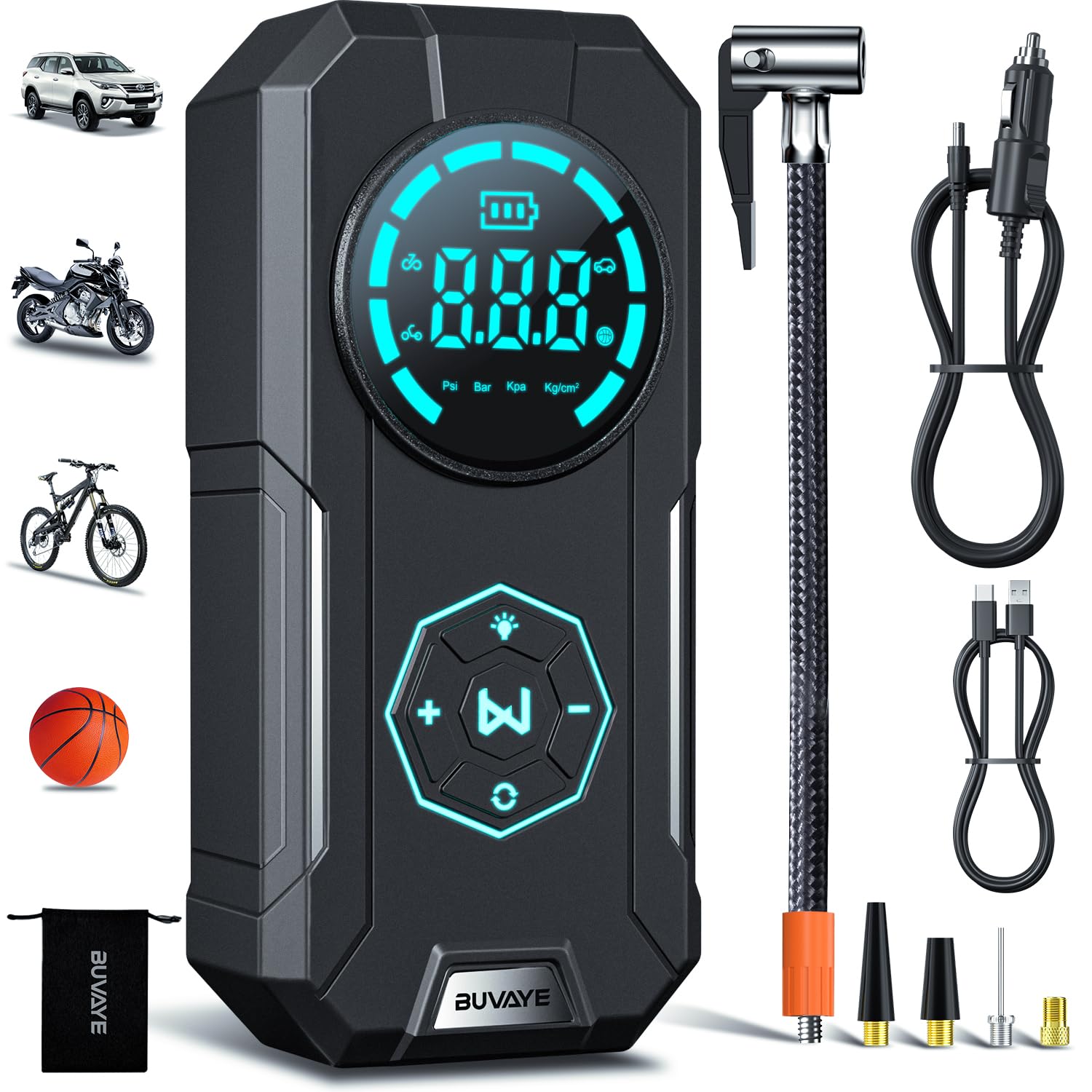 Elektrische Luftpumpe BUVAYE Fahrradpumpe Akku Kompressor, 150 PSI 12V Tragbare Luftkompressor Autoreifenpumpe Für Auto, Motorrad, Fahrrad, über USB-C wiederaufladbar, Als Taschenlampe und Powerbank Elektrische Luftpumpe BUVAYE Fahrradpumpe Akku Kompressor, 150 PSI 12V Tragbare Luftkompressor Autoreifenpumpe Für Auto, Motorrad, Fahrrad, über USB-C wiederaufladbar, Als Taschenlampe und Powerbank von BUVAYE