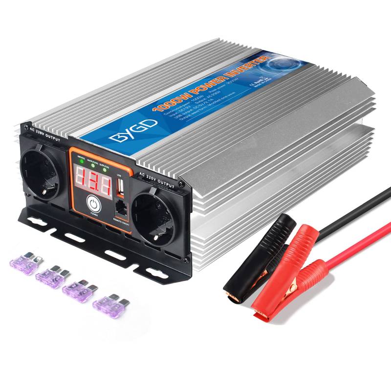 BYGD Spannungswandler 1000W/2000W 12v 230v Wechselrichter Stromwandler 12 auf 230 Inverter und 2 Stecker Krokodil Clip für Auto Batterie von BYGD