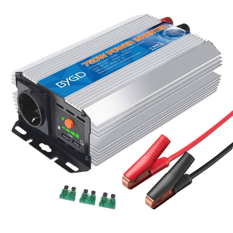 BYGD Spannungswandler 12V auf 230V 750W/1500W, Wechselrichter DC 12V auf AC 230V Inverter und 2 USB Anschlüsse. von BYGD