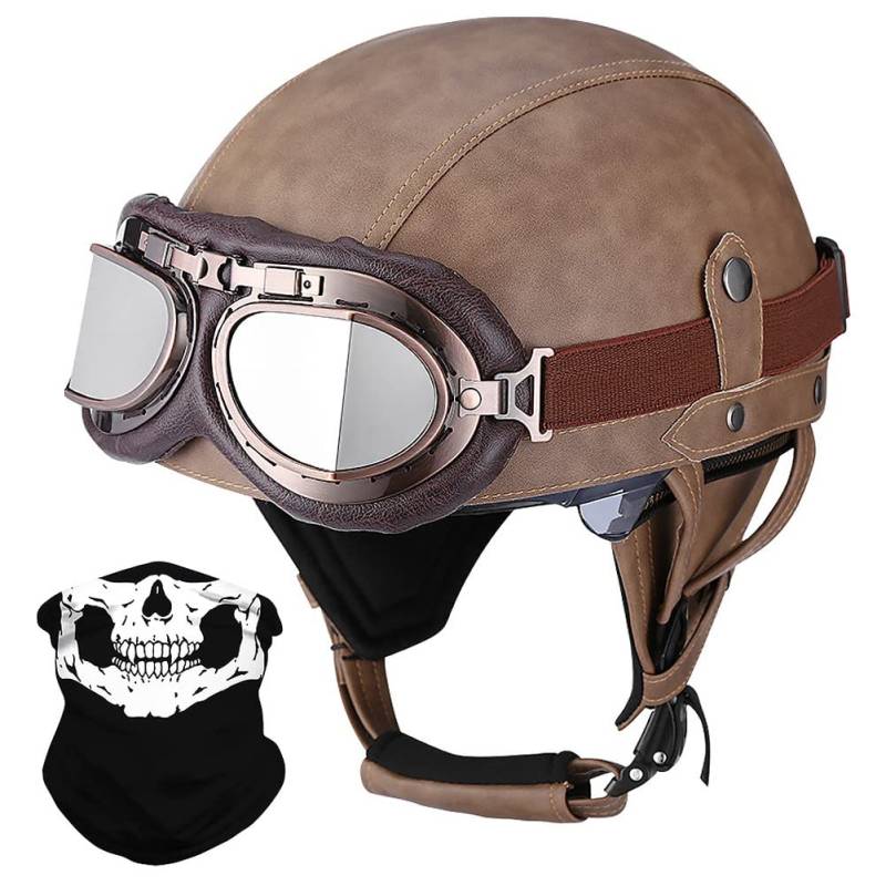 Deutsche Leder Motorrad Halbhelm Mit ECE, Vintage Jethelm Retro Mit Schutzbrille, Chopper Scooter-Helm, Fahrradhelm Mit Sonnenblende Und Herausnehmbares Innenfutter von BYGMW