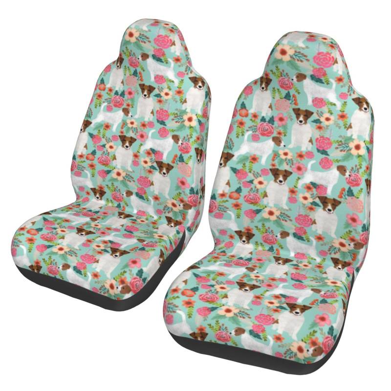 BYwenhopnbs Jack Russell Terrier Floral, 2 Stück Autositzbezüge für die Vordersitze, universeller Rutschfester Sitzschutz von BYwenhopnbs
