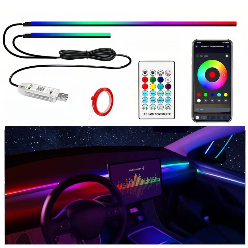 Bacxzomx Acryl LED Innenbeleuchtung, 110cm+35cm RGB Ambientebeleuchtung Auto Strip, Ambientebeleuchtung Auto mit Fernbedienung, App und Fernsteuerung von Bacxzomx