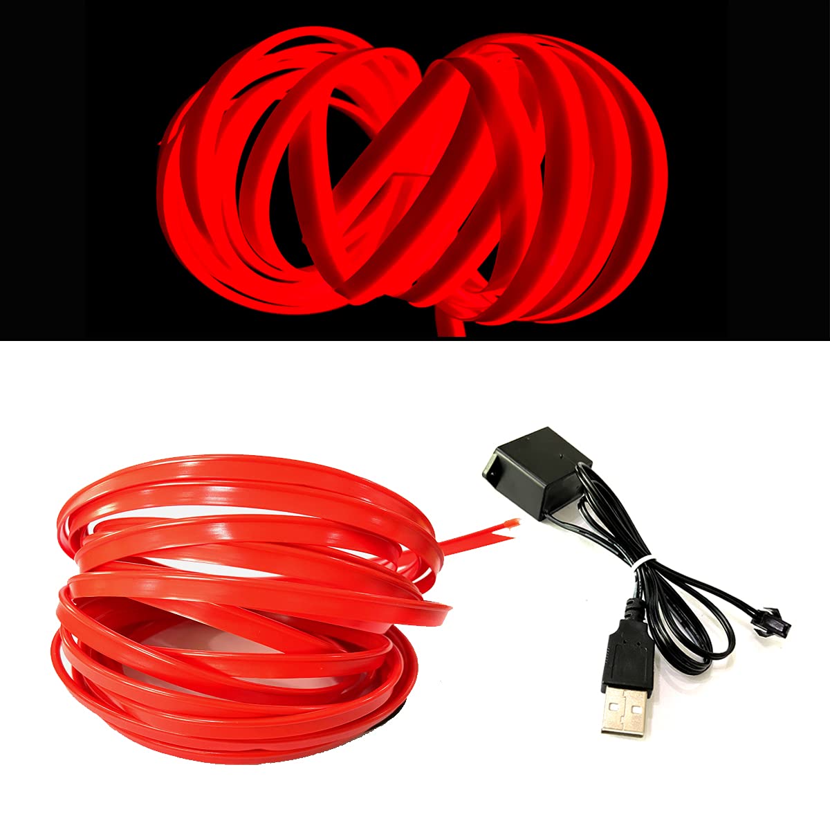 Balabaxer El Wire Rote LED-Streifen für den Innenbereich, 5 m, Neondraht, USB, 5 V, mit Sicherungsschutz für Auto-Innendekoration mit 6 mm Nähkante von Balabaxer