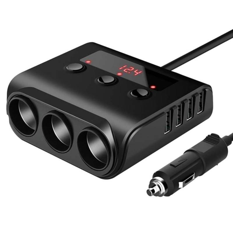Bamberg TR12 Auto-Feuerzeug, Dreifachverdampfer mit Schalter, Spannungsanzeige, 4 USB-Auto-Feuerzeug, 120-W-Ladegerät, Wiederverwendbar, Schwarz von Bamberg