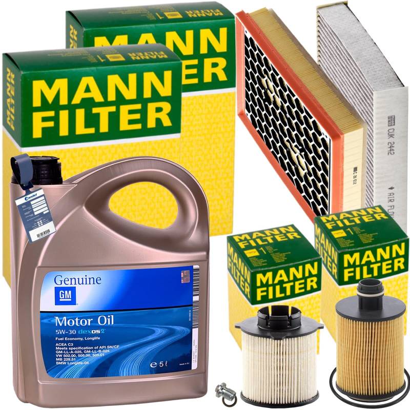 Mann Inspektionspaket + 5L 5W-30 Öl passend für INSIGNIA A 2.0 CDTI von BandelOne