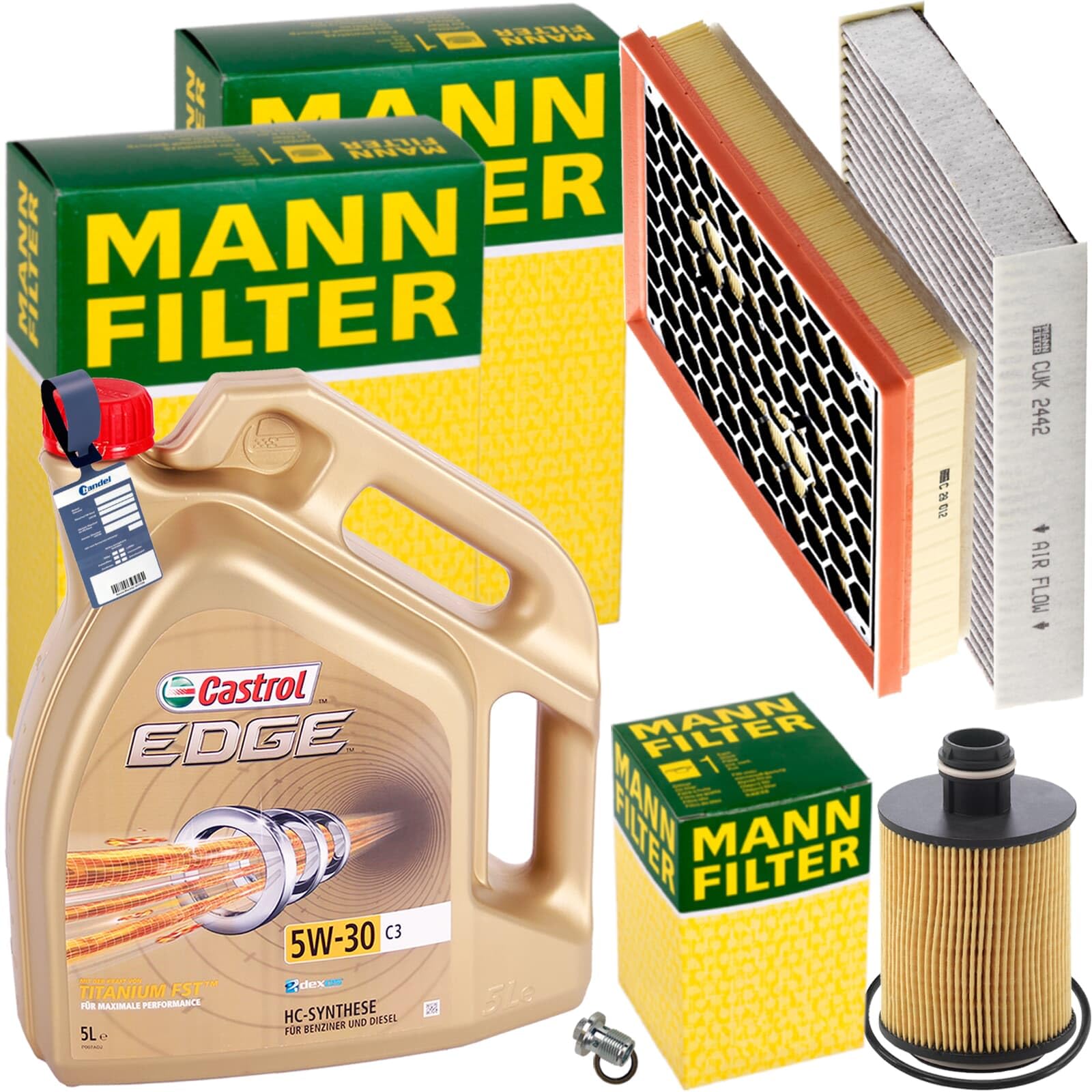 Mann Inspektionspaket + 5L 5W-30 Öl passend für INSIGNIA A 2.0 CDTI von BandelOne