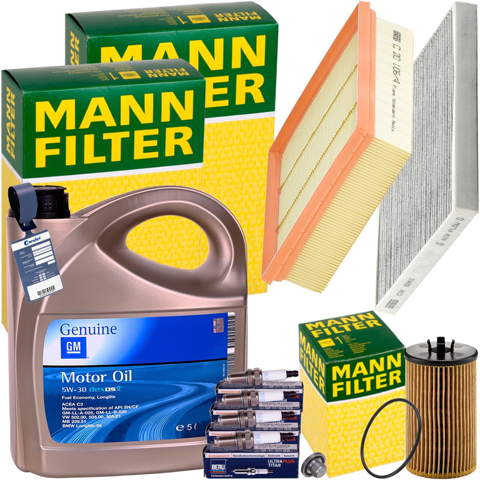 Mann Inspektionspaket + 5L 5W30 Motoröl passend für CORSA E 75 + 90 PS von BandelOne