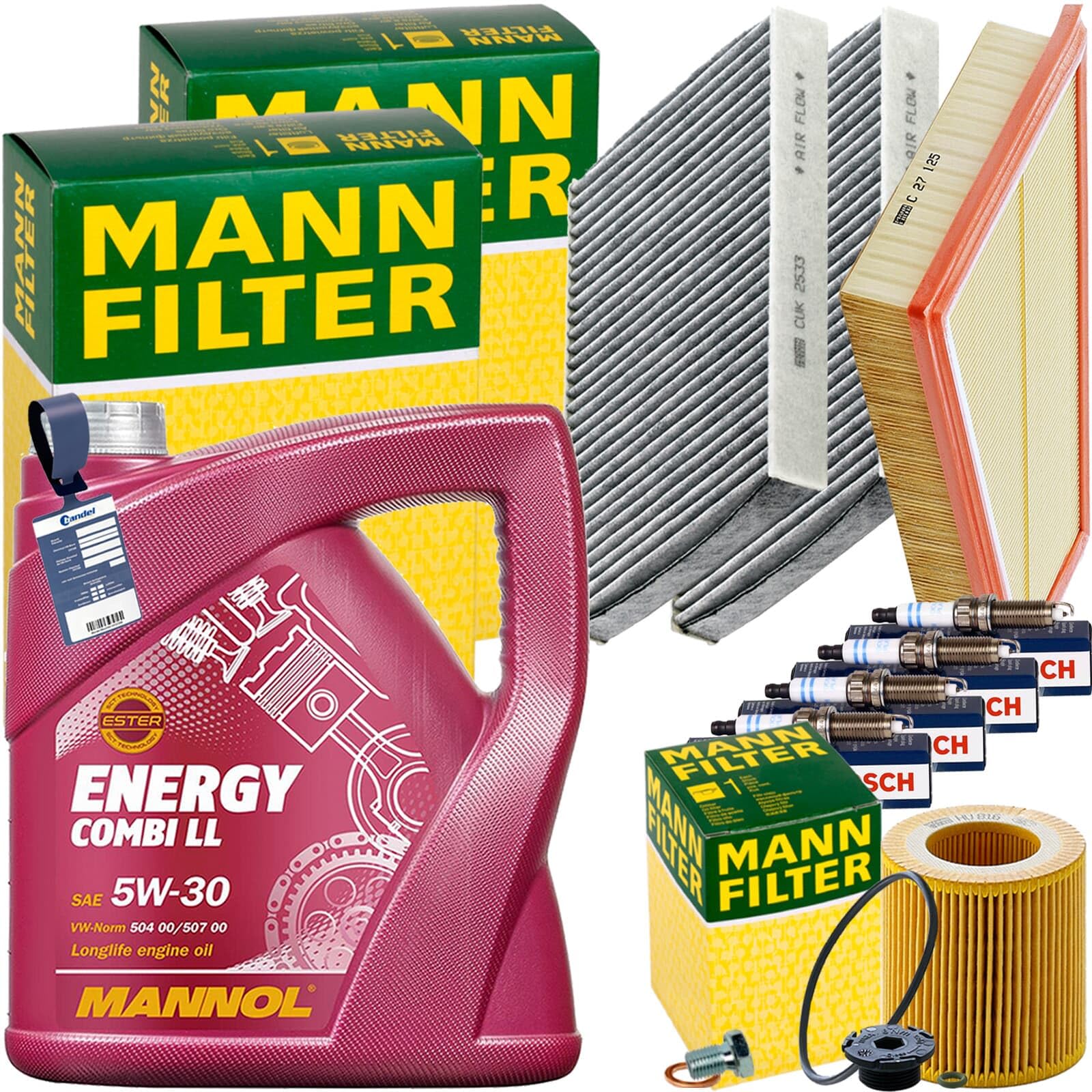 Mann Inspektionspaket + 5L Mannol NRG 5W-30 Öl passend für 5er F10 F11 520-28i von BandelOne