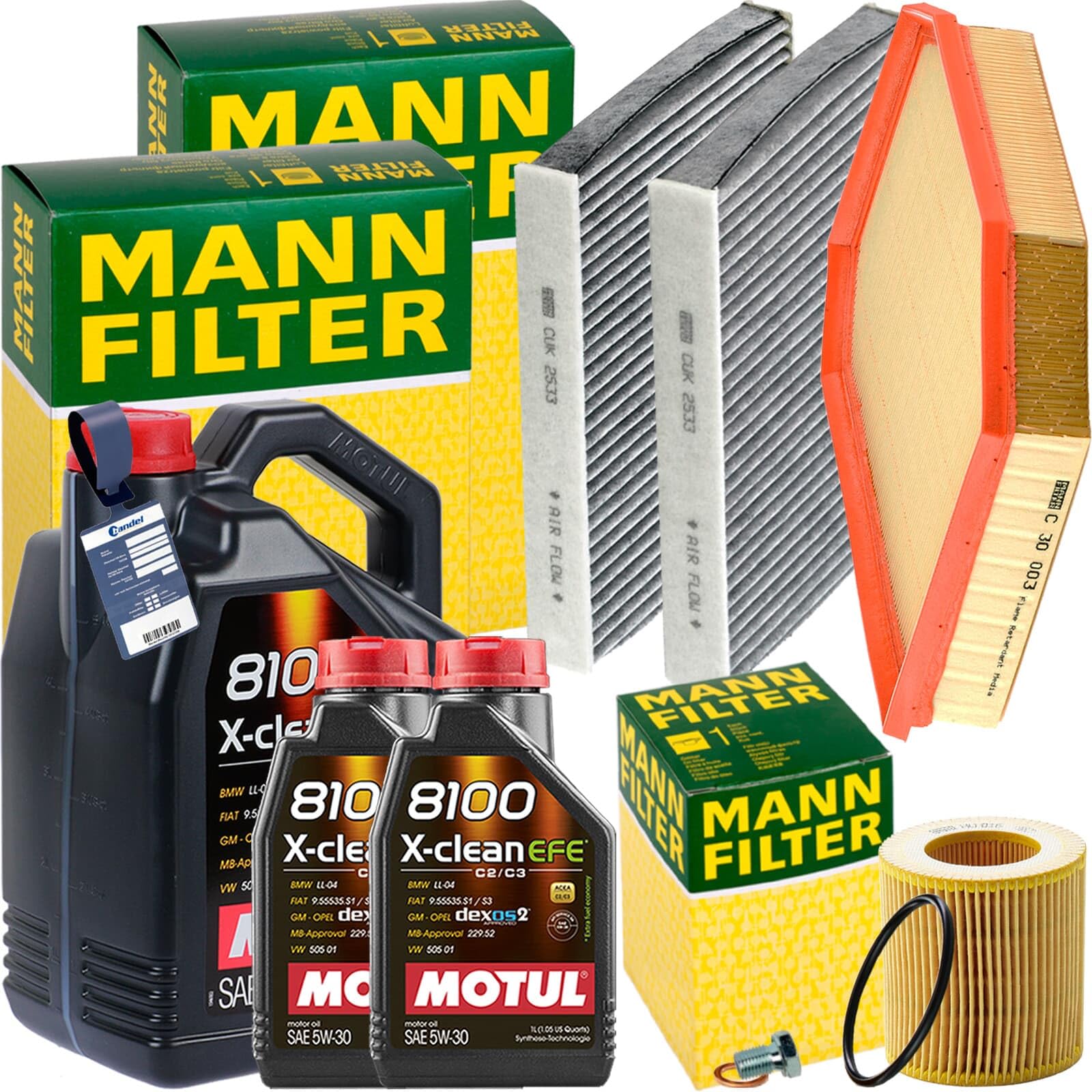 Mann Inspektionspaket + 7L MOTUL EFE 5W-30 Öl passend für 5er F10 7er 523-530i von BandelOne