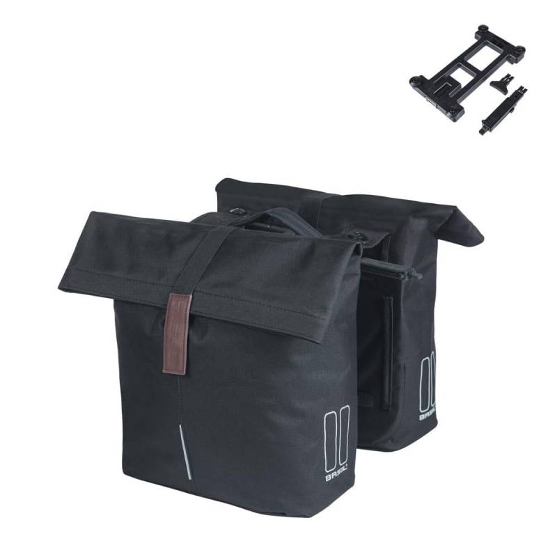 Basil City Doppeltasche MIK - 28-32L, Schwarz, Wasserabweisend, Inkl. abschließbarer MIK-Adapterplatte, Perfekt für Pendeln und Freizeit von Basil
