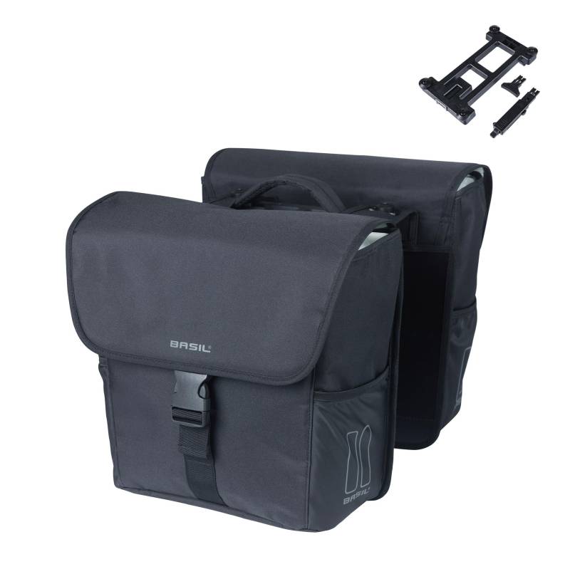 Basil Go Double Bag MIK - 32L, Schwarz, Wasserabweisend, Inkl. abschließbarem MIK-System, Perfekt für Stadtfahrten, Einkäufe und den täglichen Gebrauch von Basil