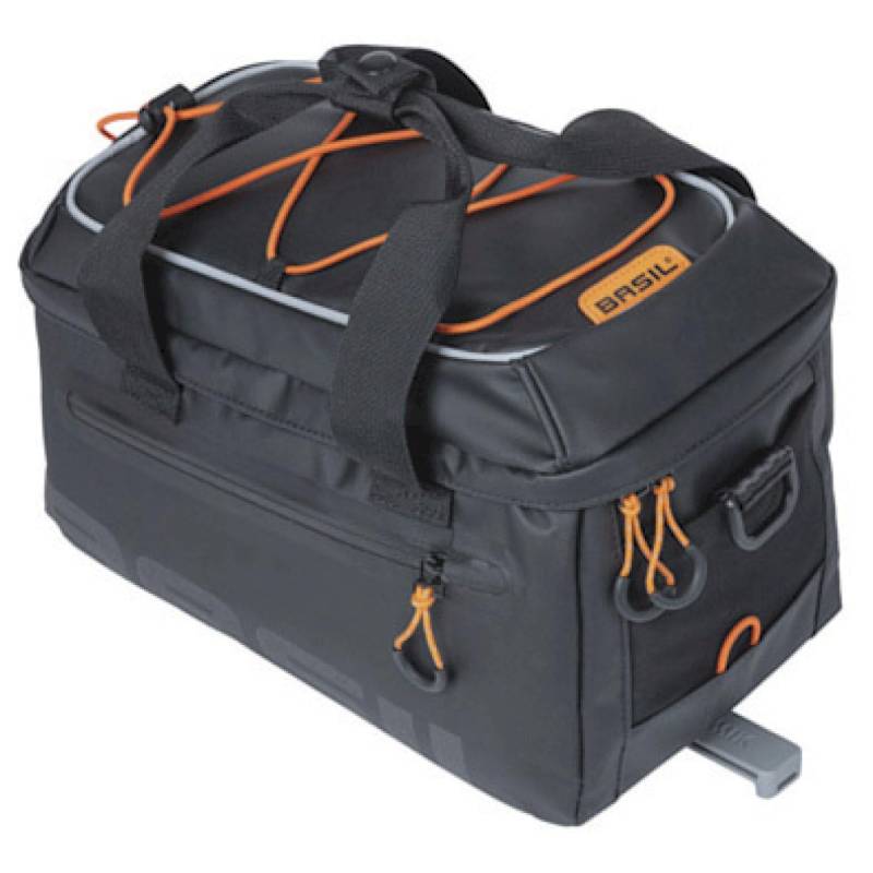Basil Miles Tarpaulin Gepäckträgertasche MIK - 7L, Schwarz/Orange, Wasserdicht, Inkl. abschließbarem MIK-System, Ideal für Touren und Alltag von Basil