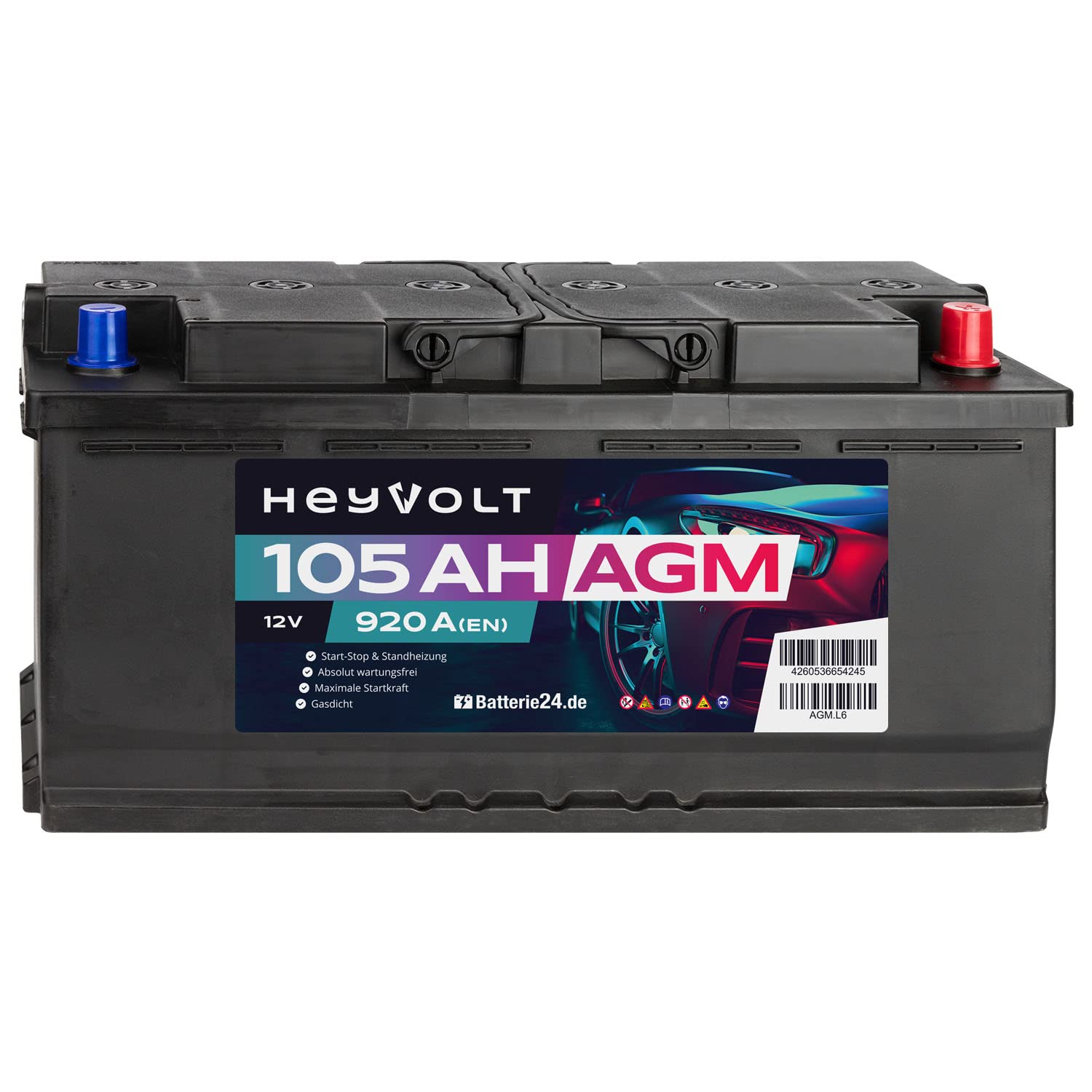 HeyVolt AGM Autobatterie 12V 105Ah 920A/EN Starterbatterie, Start-Stopp & Standheizung geeignet, absolut wartungsfrei von Batterie24.de