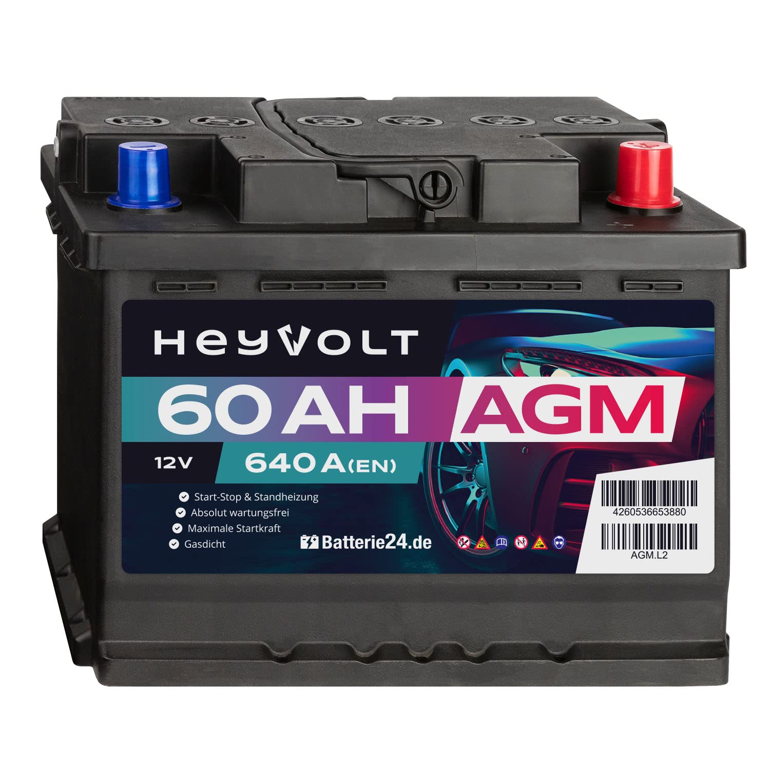 HeyVolt AGM Autobatterie 12V 60Ah 640A/EN Starterbatterie, Start-Stopp & Standheizung geeignet, absolut wartungsfrei von Batterie24.de