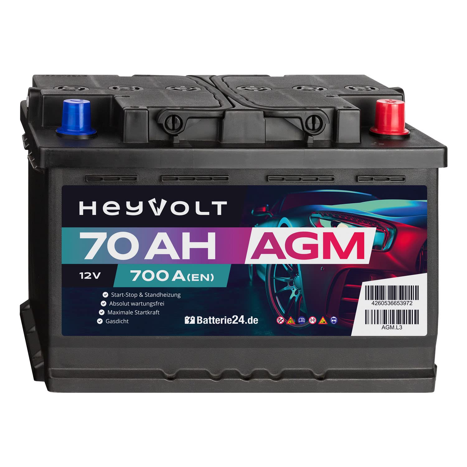 HeyVolt AGM Autobatterie 12V 70Ah 700A/EN Starterbatterie, Start-Stopp & Standheizung geeignet, absolut wartungsfrei von Batterie24.de