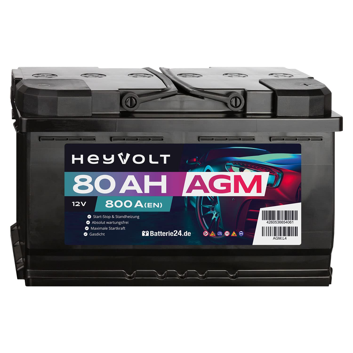 HeyVolt AGM Autobatterie 12V 80Ah 800A/EN Starterbatterie, Start-Stopp & Standheizung geeignet, absolut wartungsfrei von Batterie24.de
