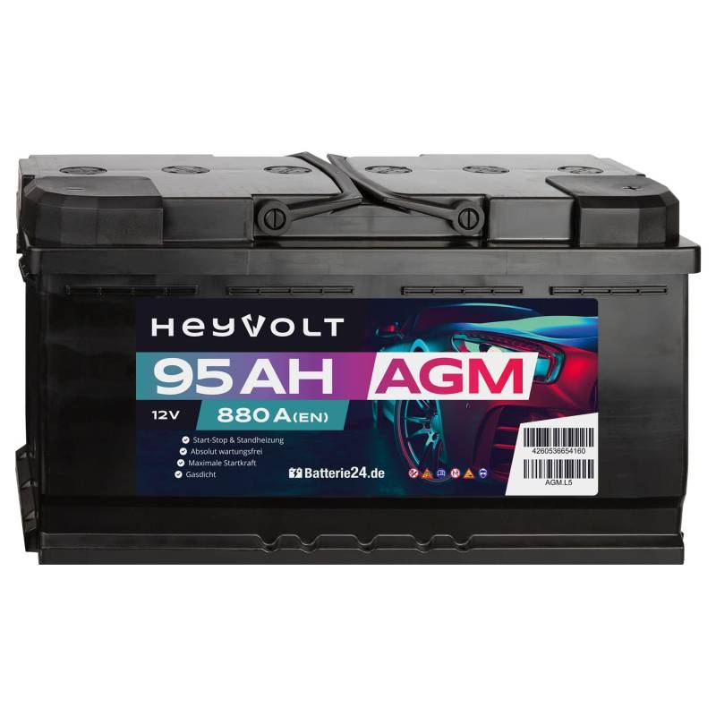HeyVolt AGM Autobatterie 12V 95Ah 880A/EN Starterbatterie, Start-Stopp & Standheizung geeignet, absolut wartungsfrei von Batterie24.de