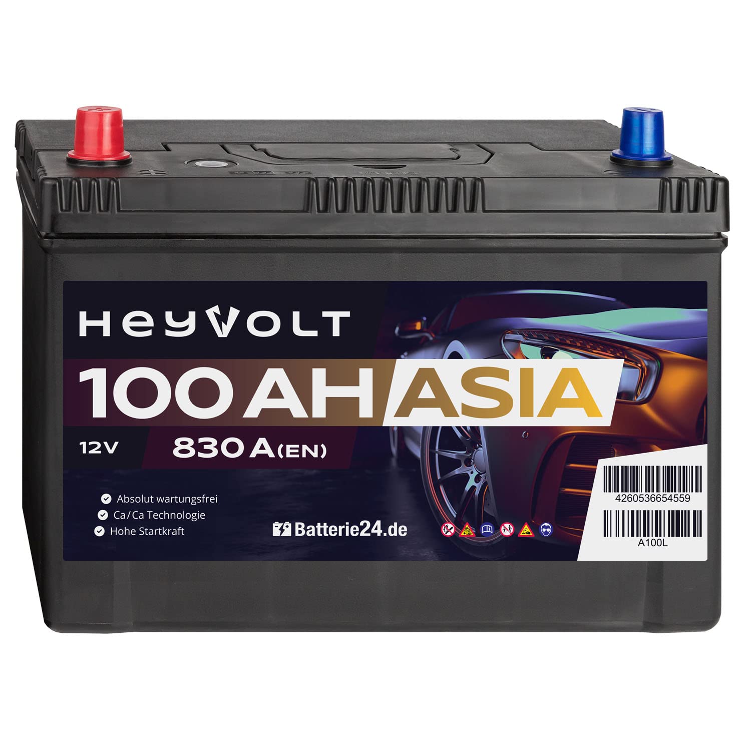 HeyVolt Asia Autobatterie 12V 100Ah 830A/EN Starterbatterie, absolut wartungsfrei ersetzt 93Ah 95Ah, Pluspol Links von Batterie24.de