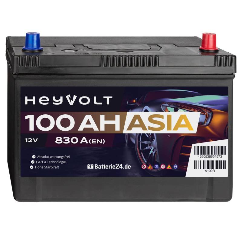 HeyVolt Asia Autobatterie 12V 100Ah 830A/EN Starterbatterie, absolut wartungsfrei ersetzt 93Ah 95Ah, Pluspol Rechts von Batterie24.de