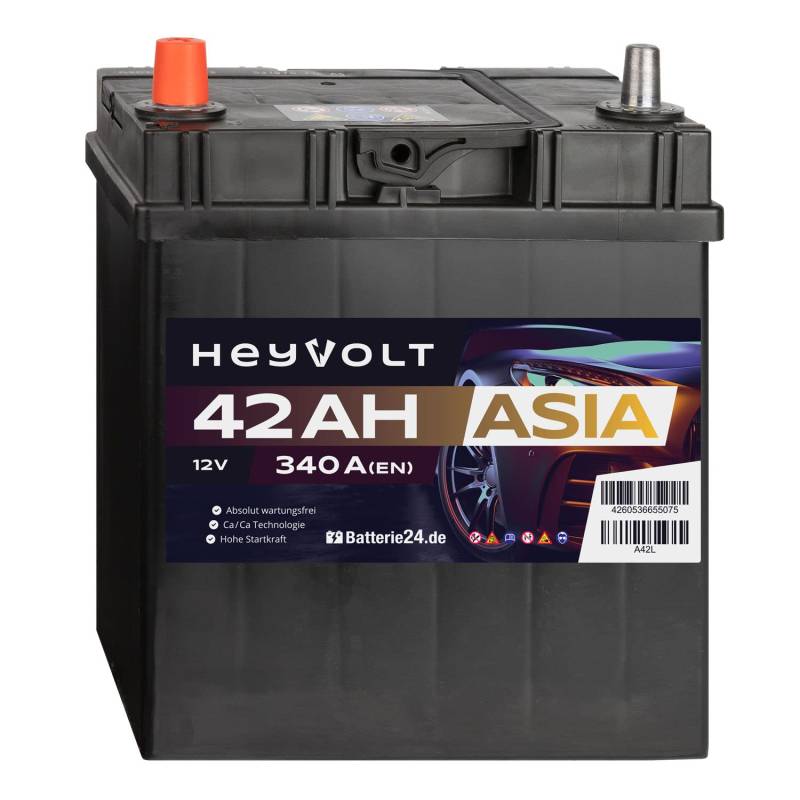 HeyVolt Asia Autobatterie 12V 42Ah 340A/EN Starterbatterie, absolut wartungsfrei ersetzt 35Ah 40Ah, Pluspol Links von Batterie24.de