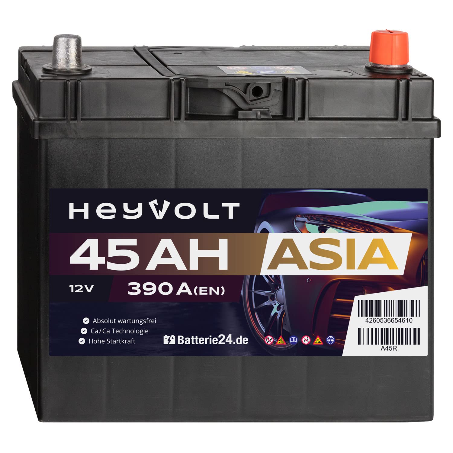 HeyVolt Asia Autobatterie 12V 45Ah 390A/EN Starterbatterie, absolut wartungsfrei, Pluspol Rechts von Batterie24.de