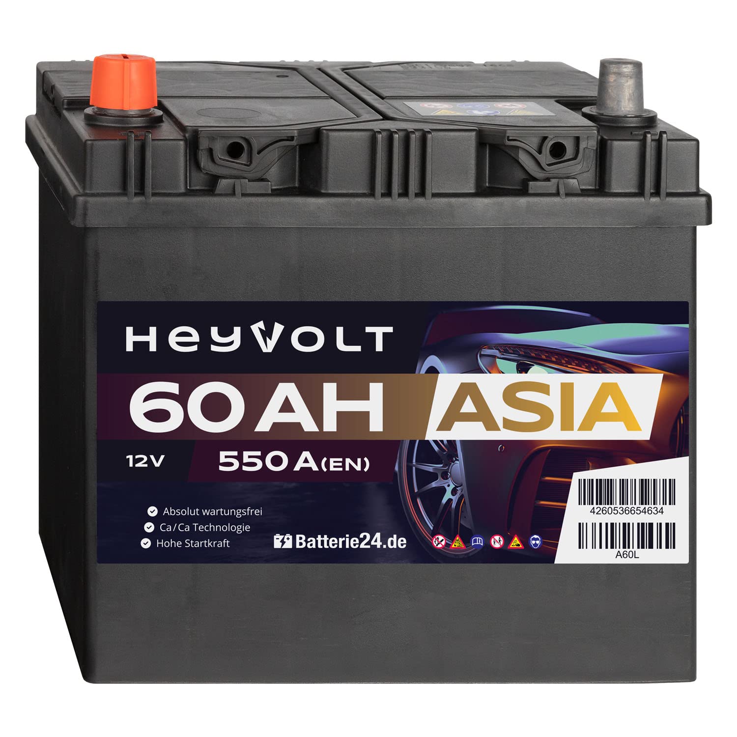 HeyVolt Asia Autobatterie 12V 60Ah 550A/EN Starterbatterie, absolut wartungsfrei, Pluspol Links von Batterie24.de