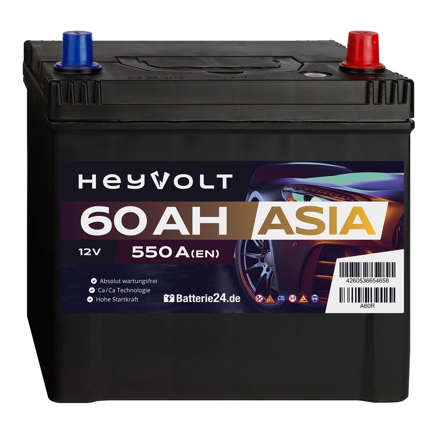 HeyVolt Asia Autobatterie 12V 60Ah 550A/EN Starterbatterie, absolut wartungsfrei, Pluspol Rechts von Batterie24.de